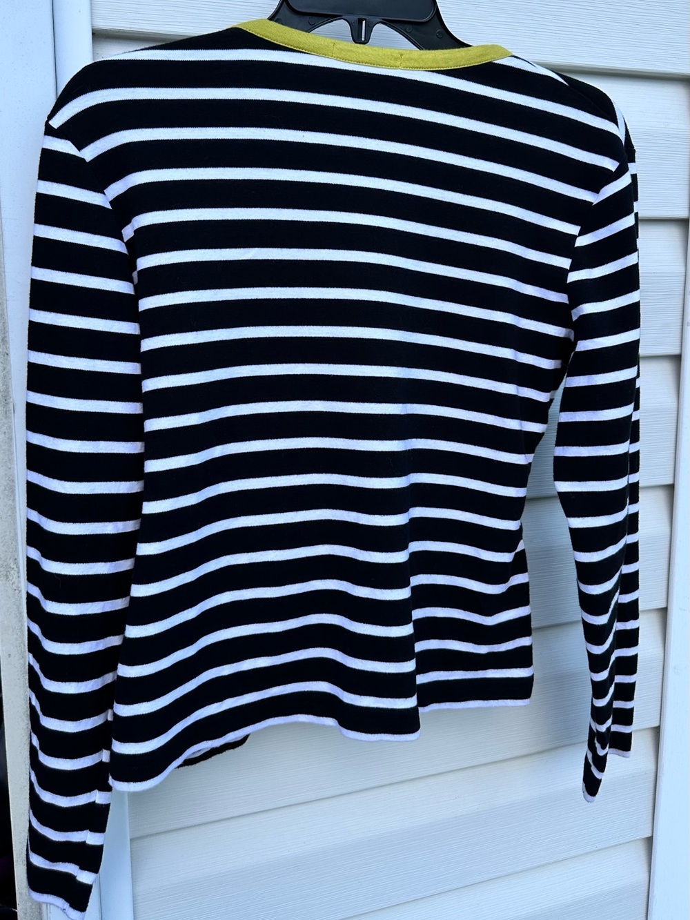 Women's Black & White Stripe Top with Olive Trim - Picture 5 of 5